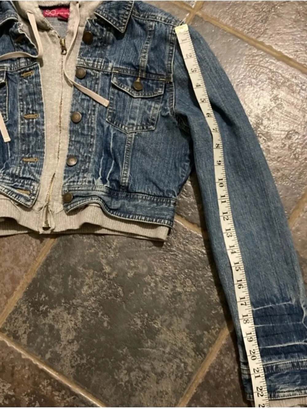 SO Cropped Denim Jacket with Attached Grey Hoodie Girls Size XL